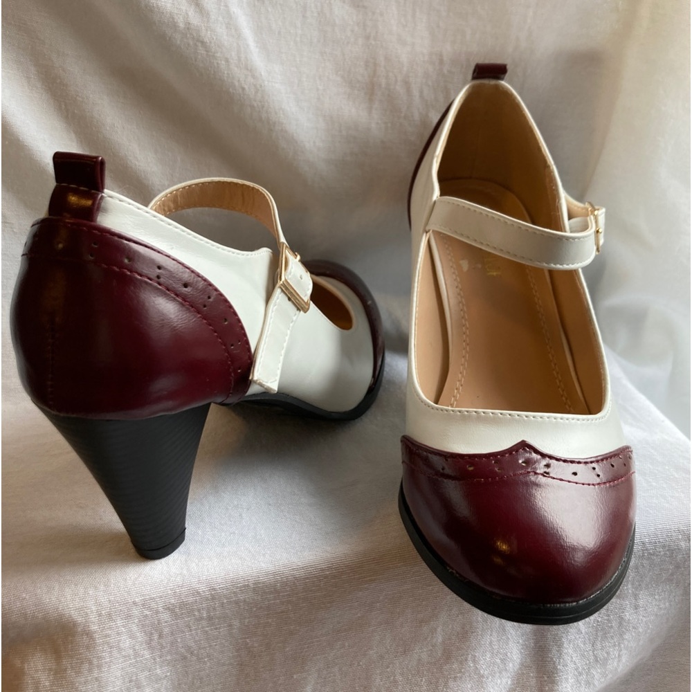 Vintage inspired, retro, Oxford heels, burgundy and white, 3” heel New